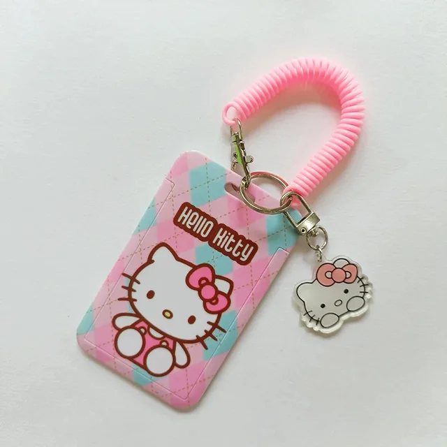 헬로 키티 쿠로미 멜로디 만화 보호 케이스, 산리오 PVC 카드홀더 및 용수철 로프 랜야드 ID 분실 방지 펜던트 키체인