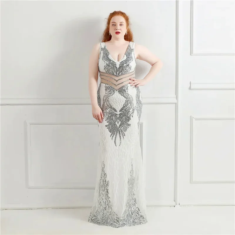 

Slatuo Women's Plus Size Sequin Deep V-Neck Sleeveless Sexy Waist Transparency Bodycon Maxi Evening Prom Dress