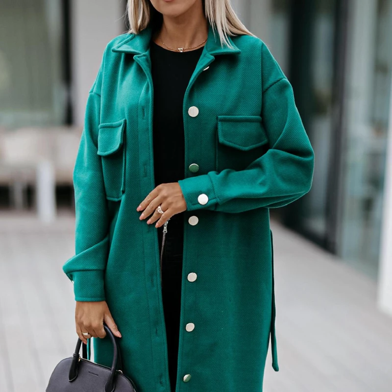 Fashion  Autumn and Winter Women's Clothing Solid Color Mid-length Lapel Single-breasted Lace-up Long-sleeved Woolen Coat