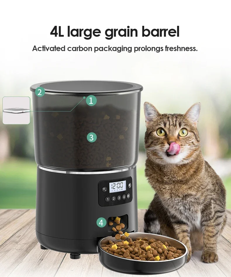 Automatic Dog Feeder 8L/34 Cups - Programmable Timed Cat Feeder With LCD Screen, Large Stainless Steel Bowl, Battery Backup, Voice Recording (White)