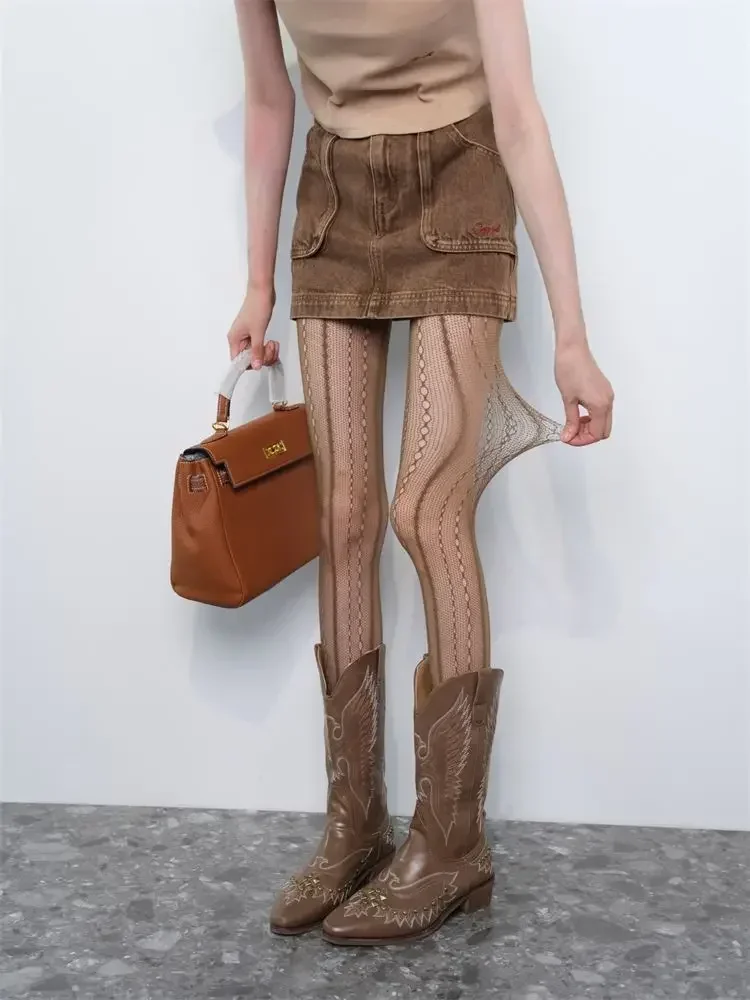 Retro Braune Spitze Hohl Mesh Fischernetz Socken Vertikale Muster Stickerei Strumpfhosen Dünne Sommer Geeignet für Männer Und Frauen – Detail 4