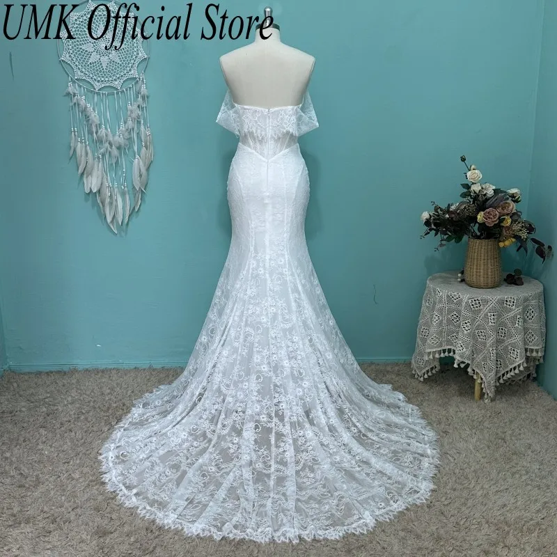 UMK 2025 Sexy Illusory Lace Mermaid Bridald Dress Cap Sleeve Pearl Boho Off  The Shoulder Transparent Strapless Wedding Dresses - AliExpress 320