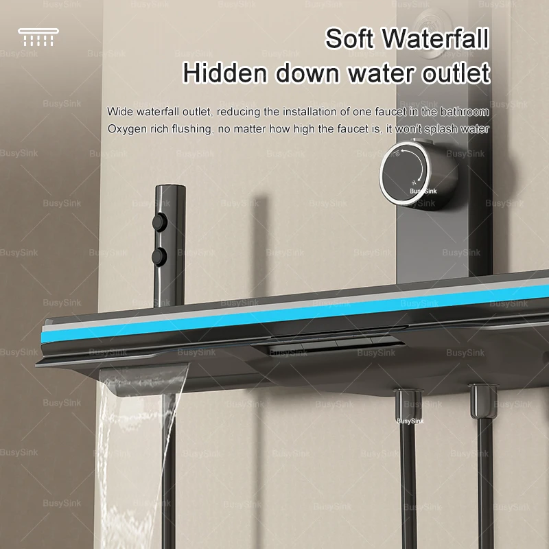 Gray  Shower Set  For Bathroom LED Digital Piano White Smart Tub Faucet Waterfall Shower System Rain Shower System 4