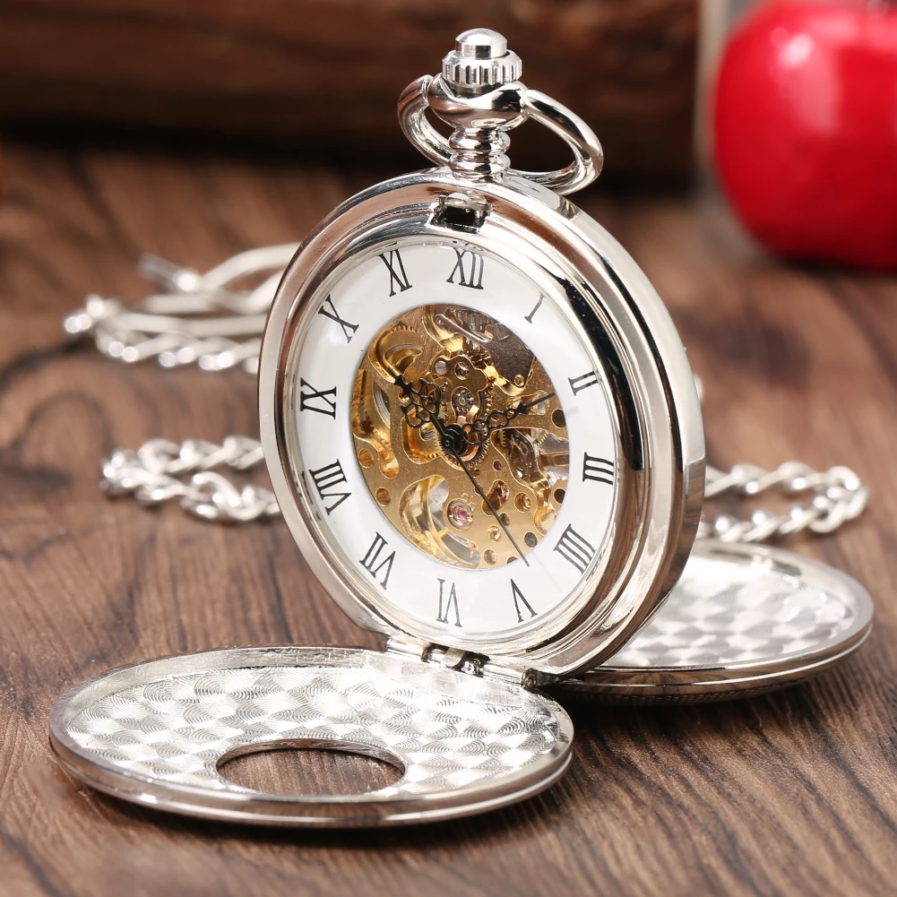 Silver Hollow Semi-Automatic Mechanical Pocket Watch Hand Wind Birthday Gifts for Men Women Jewelry Sets Gift Relogio De Bolso