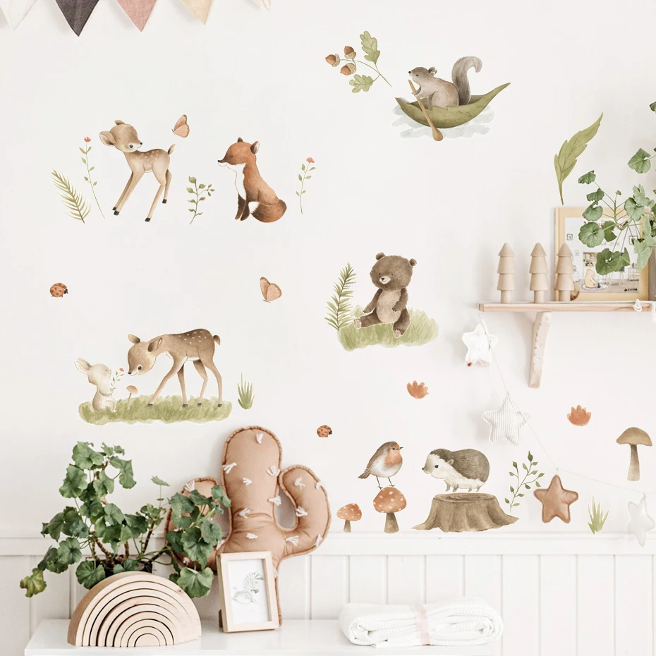 Boho Cartoon Deer Rabbit Woodland Animals Leaf Watercolor Nursery Wall Decals Kids Room Girls Bedroom Sticker Home Decor wall stickers vinyl decal stickers