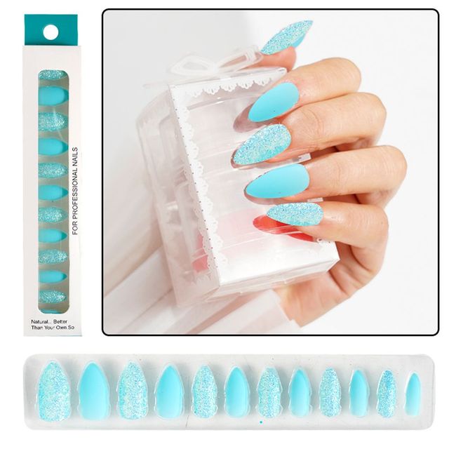 Matte False Nails Nail Art Fake Nails Gel Tips Full Cover Teardrop Shaped Artificial Press Nails Glitter Powder Fake Nails
