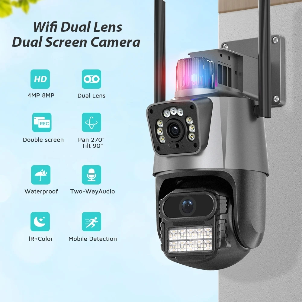 4MP 4K IP Camera Outdoor WiFi PTZ Dual Lens Dual Screen Auto Tracking Waterproof Security Video Surveillance Police Light Alarm