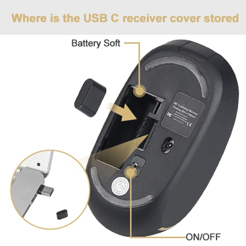 무선 마우스 2.4G 저소음 인체공학적 1200DPI(USB 수신기 Type-C 어댑터 포함)