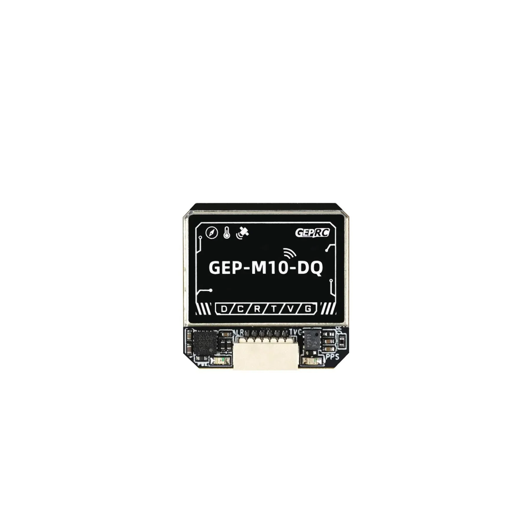 Module GPS GEPRC M10 pour drone FPV course installé sur un bras de drone, câbles visibles