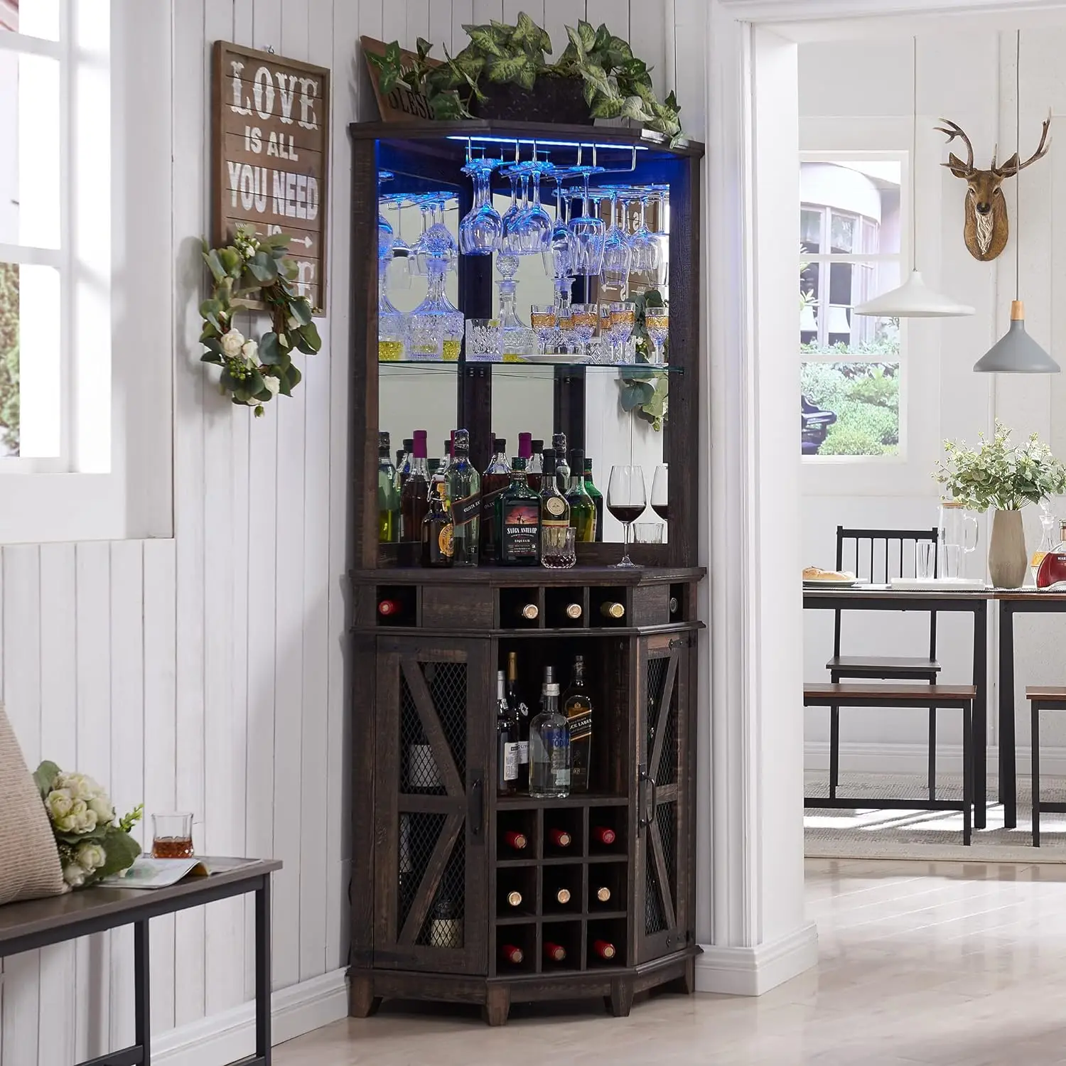 

OKD Corner Bar Storage Cabinet, 72" Tall Farmhouse Wine Bar Cabinet w/Barn Door & Adjustable Shelf, Home Bar Cabinet w/LED Light