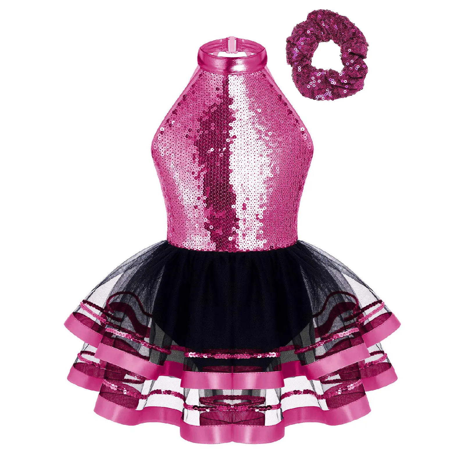 TiaoBug Kids Girls Tutu Dress Costume 6 to 16 Years Halter Sleeveless Backless Two Layer Mesh Sparkling Sequins with Headwear