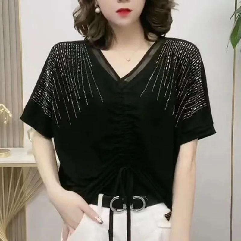 세련된 V넥 스플라이싱 레이스 업 보우 셔링 다이아몬드 블라우스, 여성 의류, 2023 여름 캐주얼 풀오버, 오피스 레이디 셔츠, 신제품