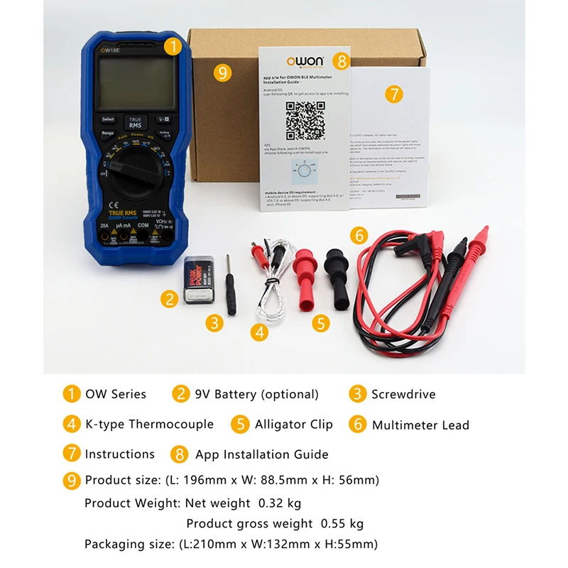 

OWON OW18E 4 1/2 Digit Smart BLE4.0 True RMS Digital High Accuracy LCD Multimeter with Wireless Connection Data Log Auto-ranging