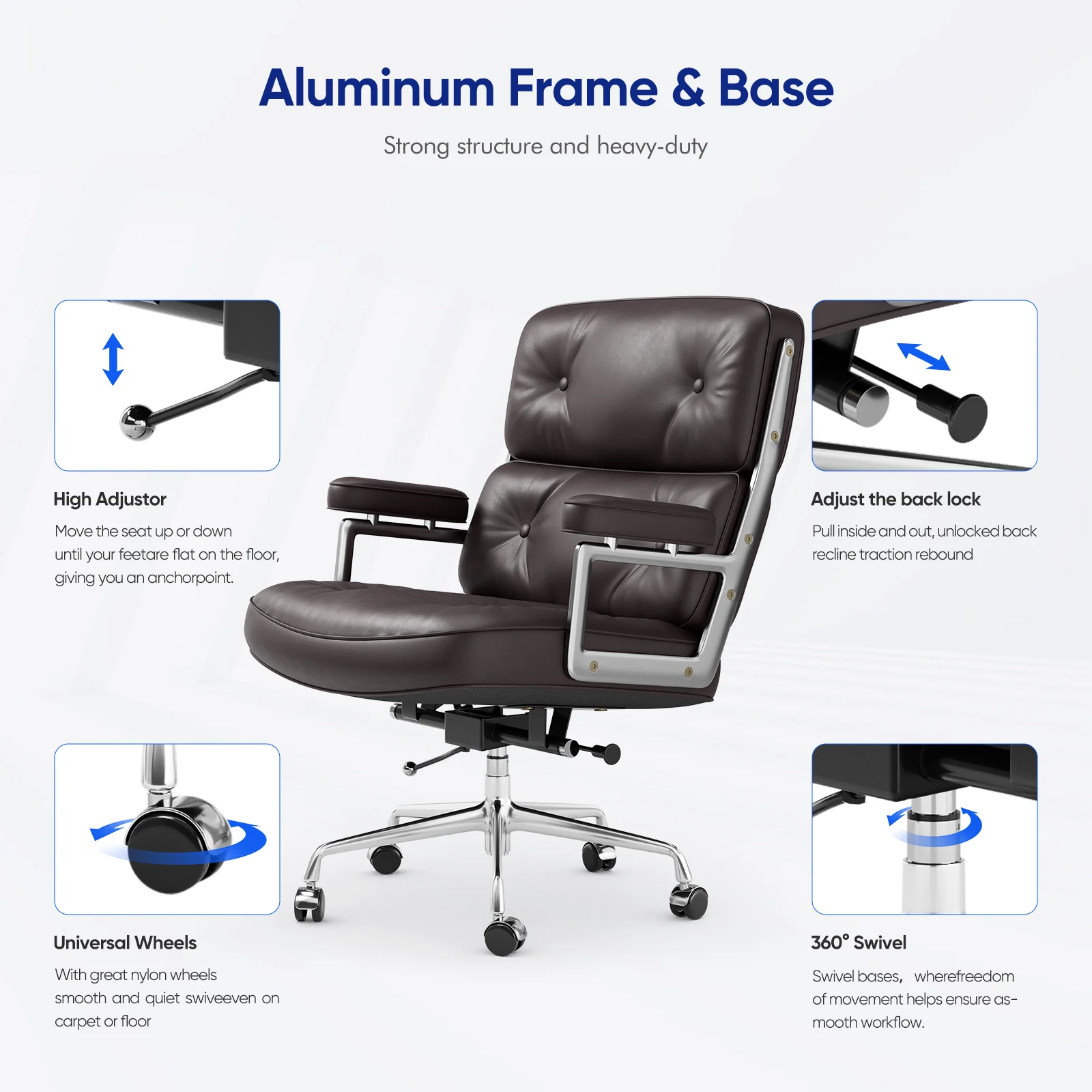 Padded Ergonomic Office Chair Genuine Leather with Aluminum Arms and Wheels for Support Rolling Swivel Executive Office Chair 5
