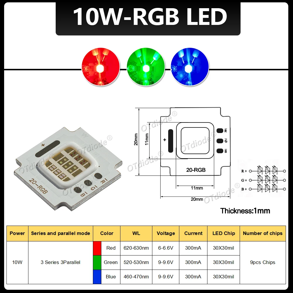 High Power RGB LED COB Flip Chip Lamp10W 20W 30W 50W RGB Red Green Blue ...