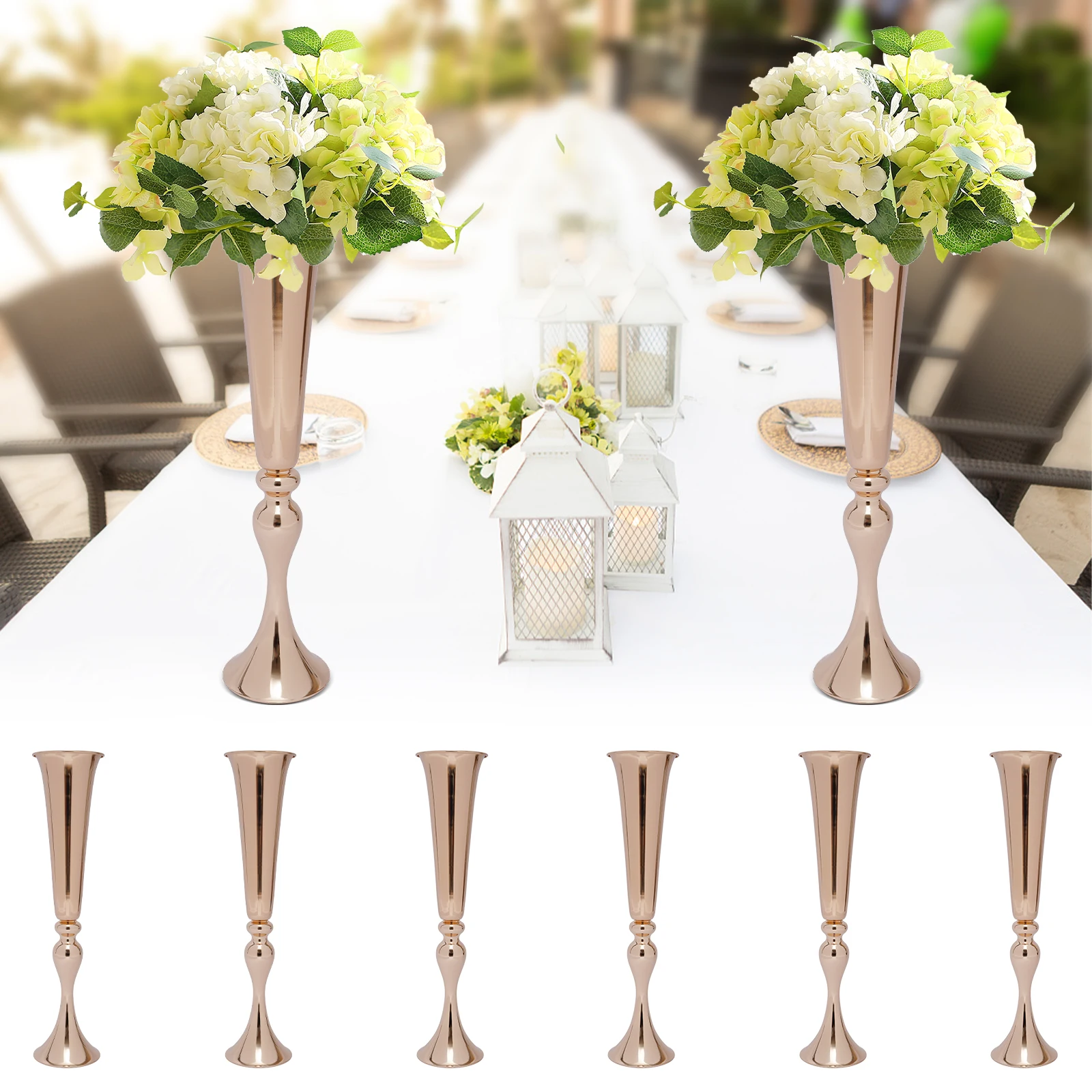 6Pcs Metal Trumpet Vases Desktop Metal Trumpet Centerpieces Vase Welcome Area Road Guide Flower Holder Height Wedding Props