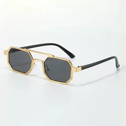 Chic Dual - Tone Square Metal Sunglasses with Gradient Blue Lenses (Black)