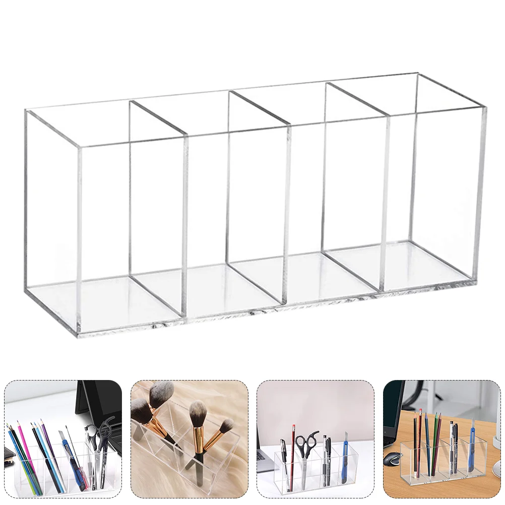 Pen Holder Acrylic Brush Makeup Storage Box Countertop Container Desktop Clear Divided Desk 4-Compartment Organizer Case