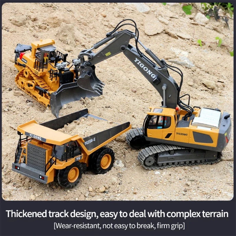 Camion benne bulldozer pelle RC 1B/2B - jouet radiocommandé pour enfants en action sur un chantier miniature