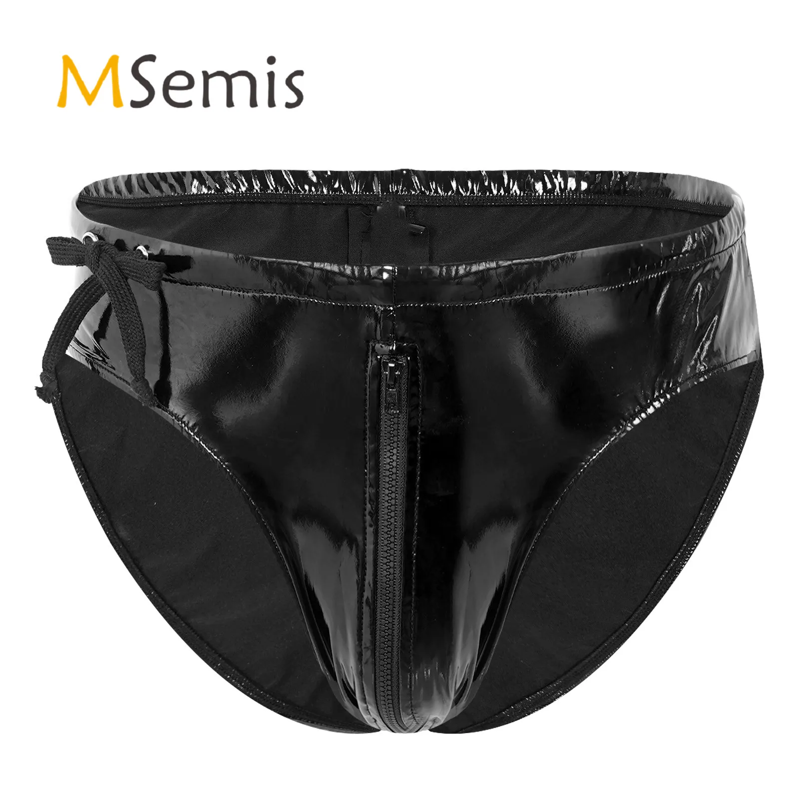 Mens Glossy Drawstring Low Waist Zipper Briefs Panties Wet Look Patent  Leather Underpants Underwear Club Stage Show Costume