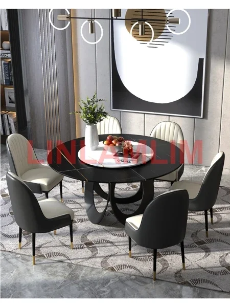 MANBAS Dining Room Furniture, Sintered Stone Table Set Featuring 6 Leather Chairs and Stainless Steel Design / Kitchen Furniture