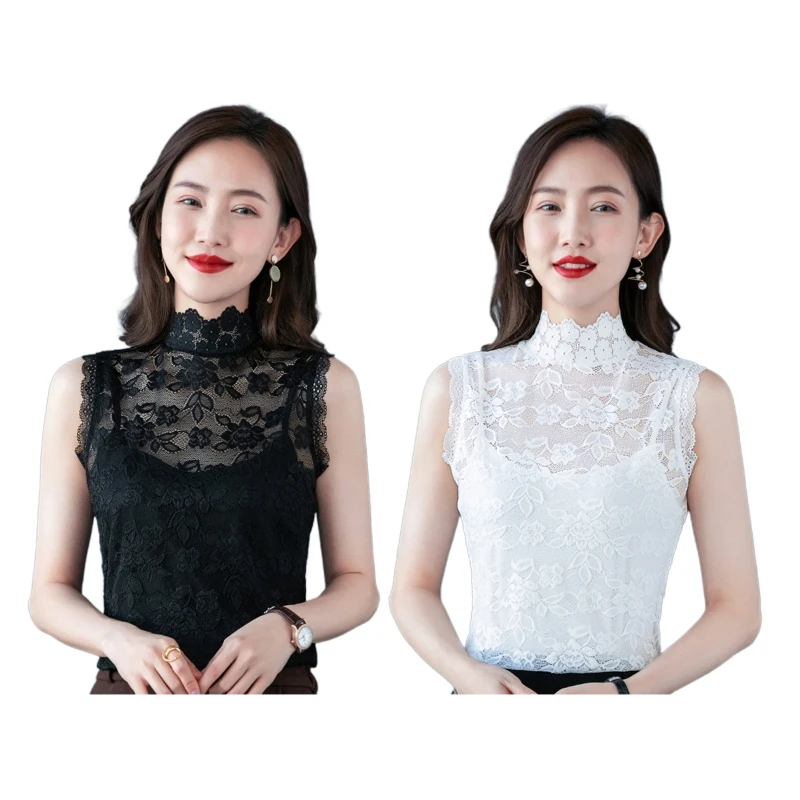 

Women Peony Flower Lace Detachable Collar Sleeveless Mock Neck Half Shirt Dickey