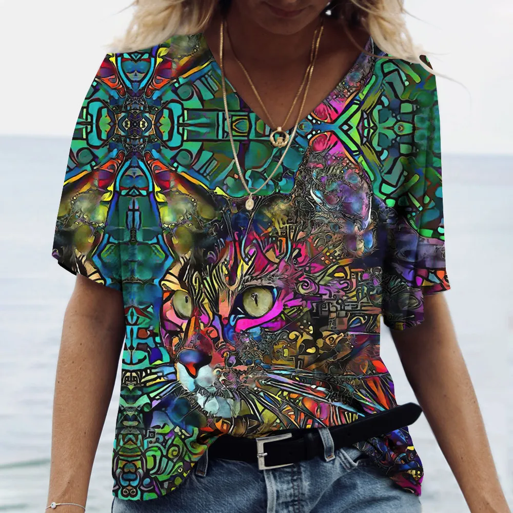 Tシャツ・カットソー Face Painted Front Velvet Top V Neck Tshirt Women's Summer Casual Oversize Dazzle Color