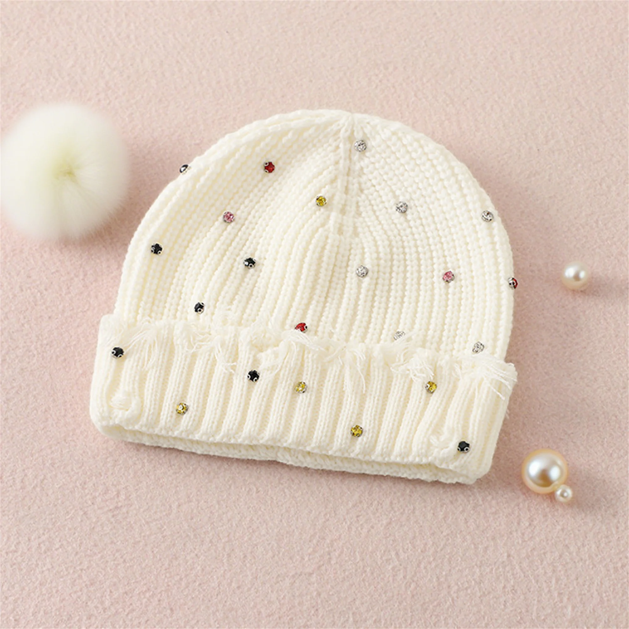Stylish Pom Pom Beanie Hat with Sparkling Rhinestones for Women Winter Warm Knit Cap Soft Stretchy Skull Cap for Outdoor