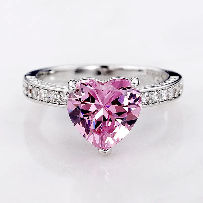 925 Sterling Silver Pink Heart Rings Women Brilliant Cubic Zirconia Bridal Wedding Party Rings Simple Stylish Female Accessories silver heart ring silver rings silver ring wedding rings