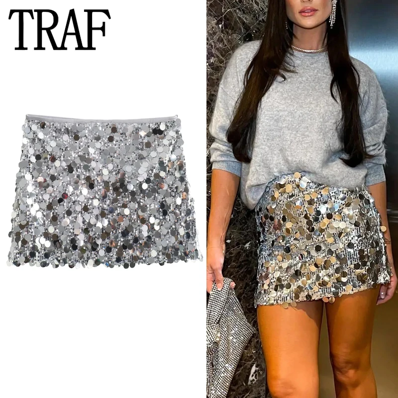 

TRAF 2023 Silver Sequin Skirt Women Glitter Short Skirts For Women High Waist Mini Skirt Woman Fashion Elegant Women's Skirts