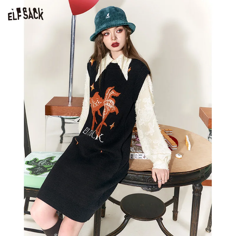 

ELFSACK Spliced Long Sleeve Dress For Women 2023 Winter New Goldfish Designer Dresses