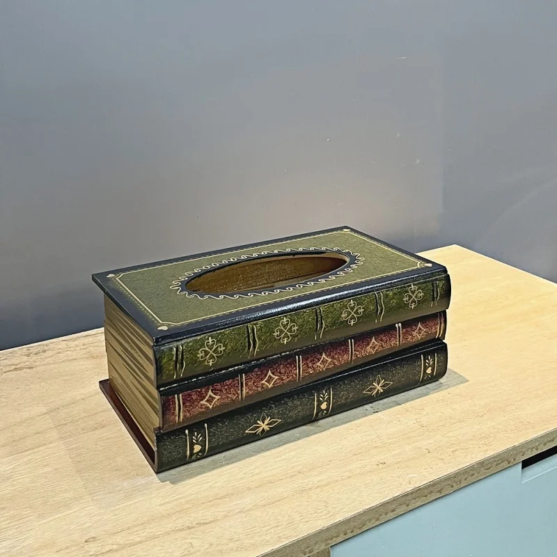 Exquisite Classical Vintage Wooden Book Tissue Box, Rectangular Napkin Holder Dispenser, Restaurant Tissue Storage Box Ornament 5