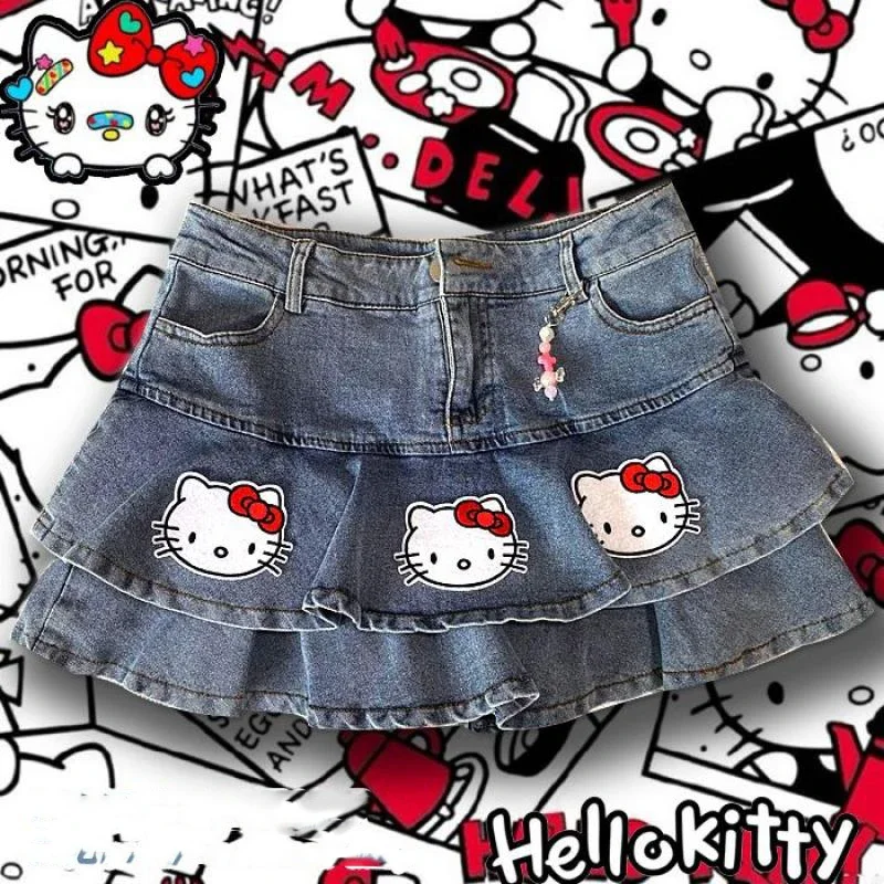 

Cartoon Sanrios Hello Kittys Kawaii Cute Girl Y2K Millennium Hot Girl Denim Short Skirt Fashion A-Line Cake Half Skirt