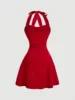 Red Bow Halter Dress Female New Autumn Spice Girl Pleated Fashion Waist Show Thin Short Skirt Trend 2
