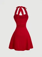 Red Bow Halter Dress Female New Autumn Spice Girl Pleated Fashion Waist Show Thin Short Skirt Trend 2