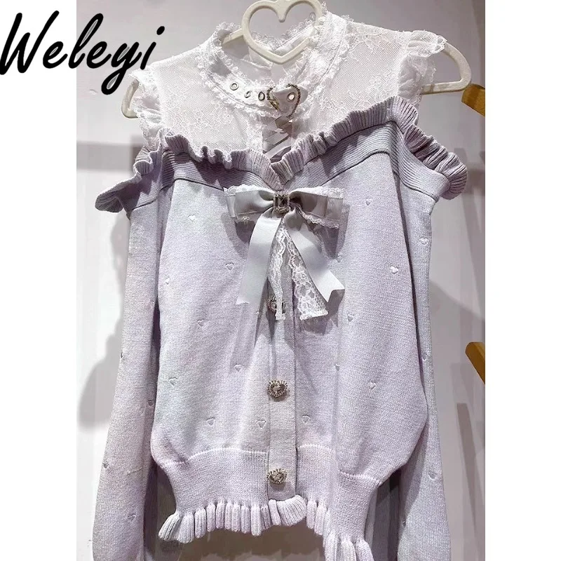 Mine New High Quality Popular Sweaters Japanese Sweet All Matching Embroidery Love Lace Strap Mass Produced Off Shoulder Sweater