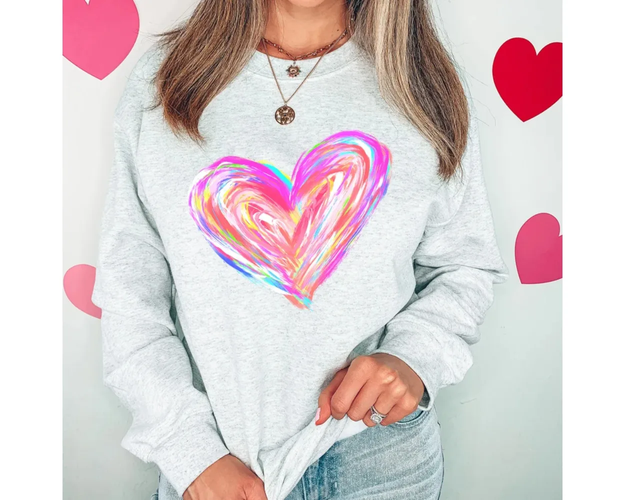 Watercolor Heart Sweatshirt Cute Valentine Sweater Trendy Kawaii Coquette Pink Aesthetic Y2k Clothes Vintage Tops Women Harajuku