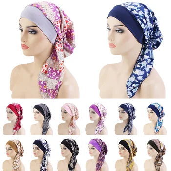 Women\'s Muslim Hijab Cancer Chemo Caps Flower Print Turban Cap Hair Loss Headscarf Elastic Cotton muslim Hijab Scarf Headwear