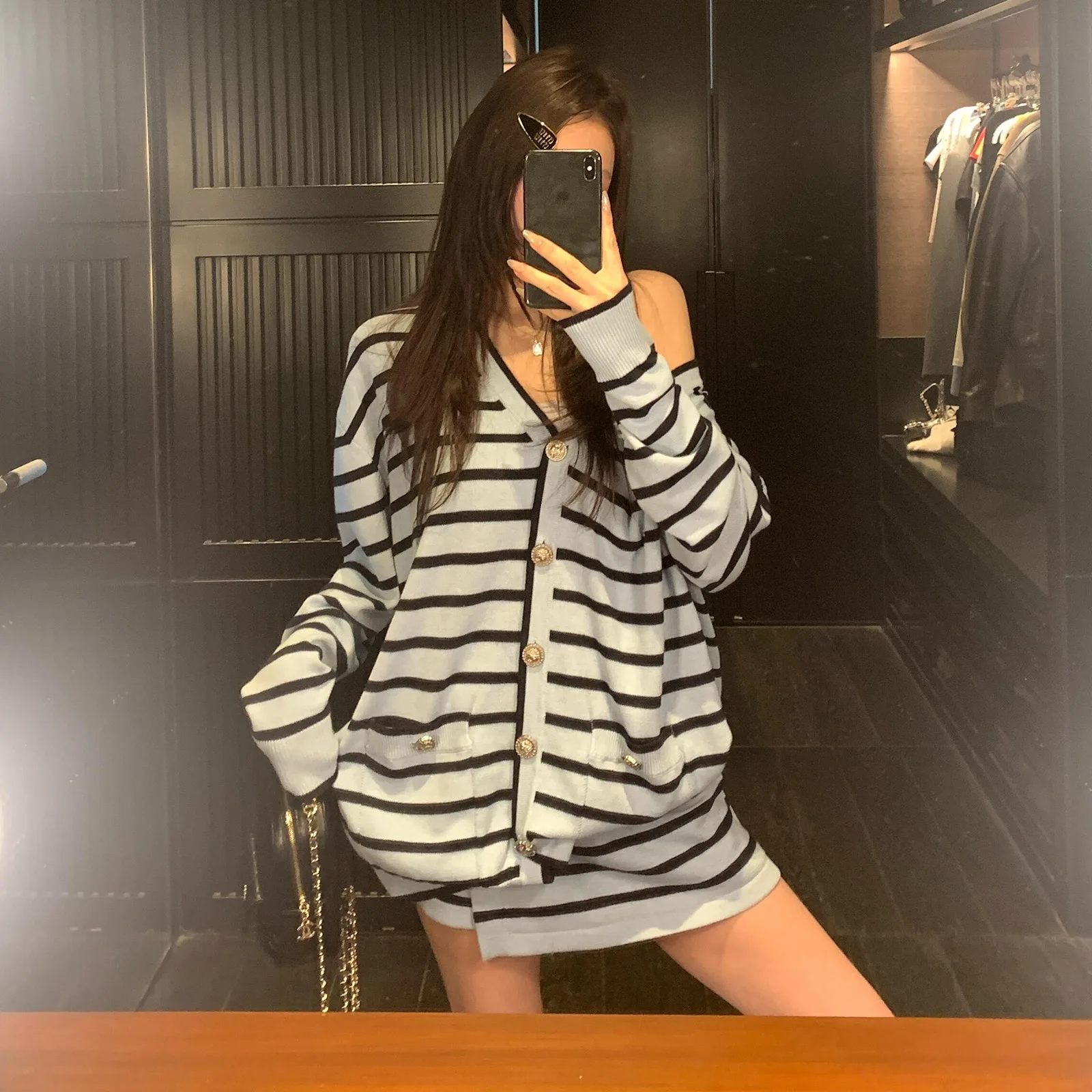 Early Autumn New Blue Black Striped Knit Cardigan Women Loose Fit Oversized Coat sweaters for women