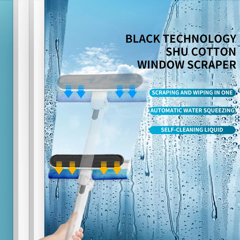 Multi-functional Double-sided Extended Telescopic Water Scraper Window  Cleaner Home Cleaning Tool Sponge Scrubbing Brush Steel