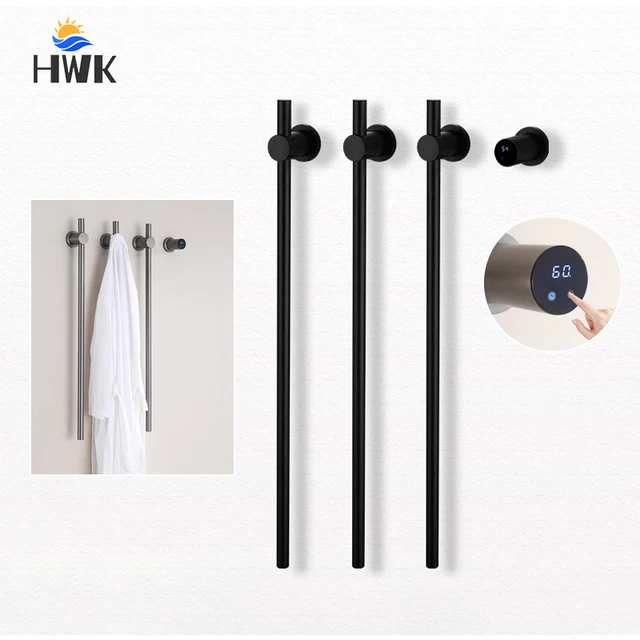 ห้องน้ําสีดําชั้นวางผ้าขนหนูไฟฟ้าซ่อนลวดผ้าเช็ดตัว Rail สมาร์ท Touch Control ผ้าเช็ดตัวอุ่นสแตนเลสเสื้อคลุมอาบน้ําเครื่องเป่า 1