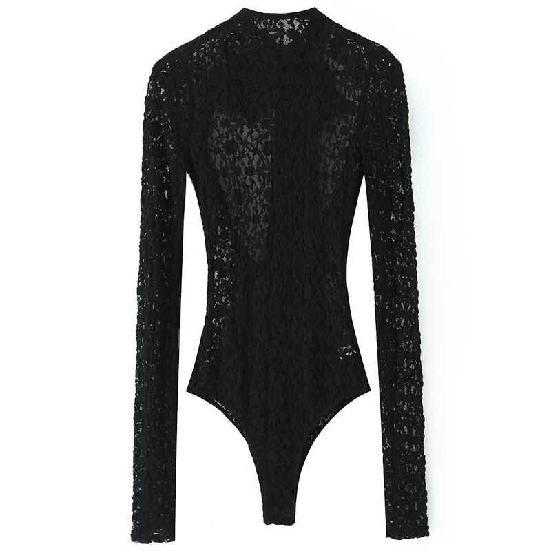 HXAO Black Lace Bodysuit Women Sexy Satin Bow Long Sleeve Transparent Bodysuit Backless Bodycon Bodysuit Women's Thong Bodysuit