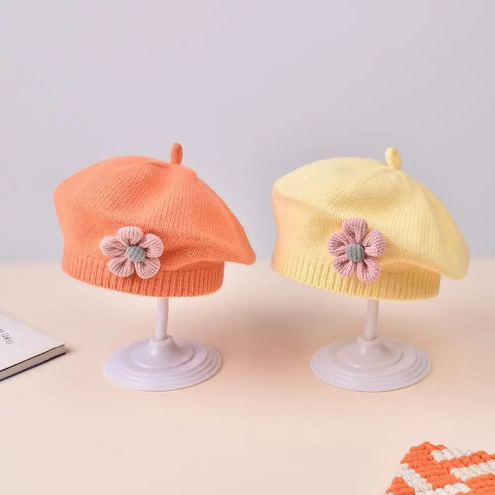 New Flower Baby Beret Hat Korean Princess Knitted Beanie Cap Artist Solid Color Artist Painter Caps For Infant Girls
