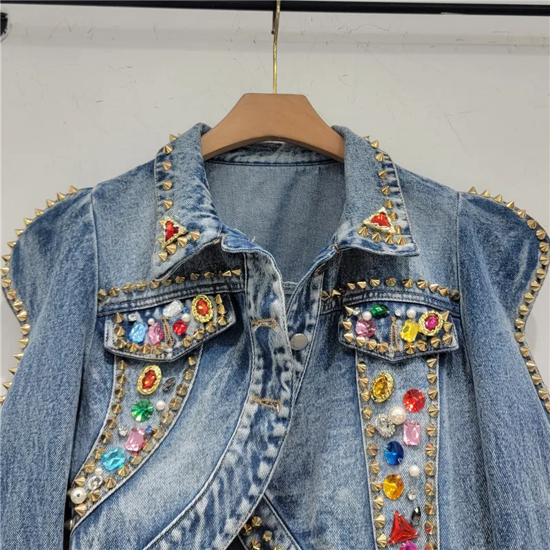 Fashion Rhinestone Crystal Jacket Denim Coat Casual Slimming Wavy