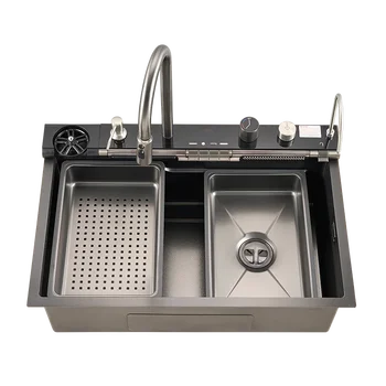 อ่างล้างจานแบบเดี่ยวสองชั้นทำจากสแตนเลสทำมือ ทนทานและป้องกันรอยขีดข่วน อ่างล้างจานอัจฉริยะสำหรับห้องครัว 1