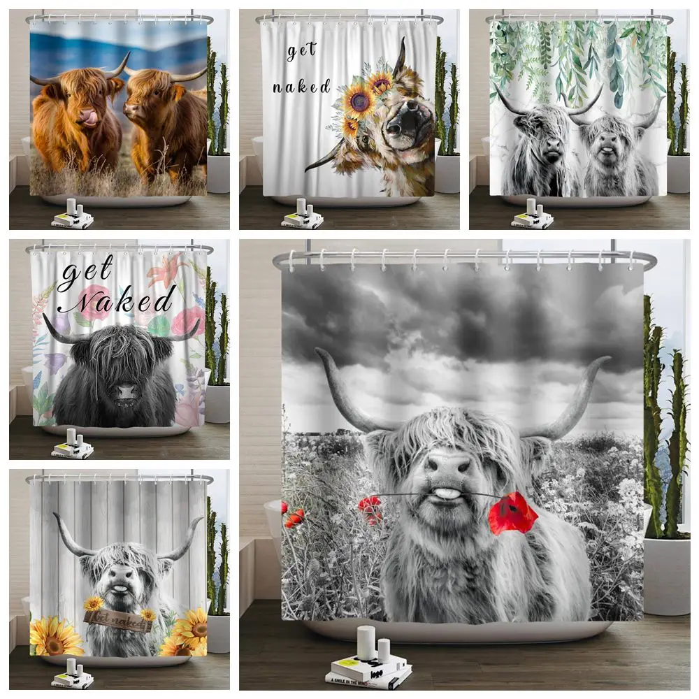 

Highland Cow Shower Curtain Rustic Western Farmhouse Funny Bull Cute Animals Plant Bathroom Decor Waterproof Polyester Fabric