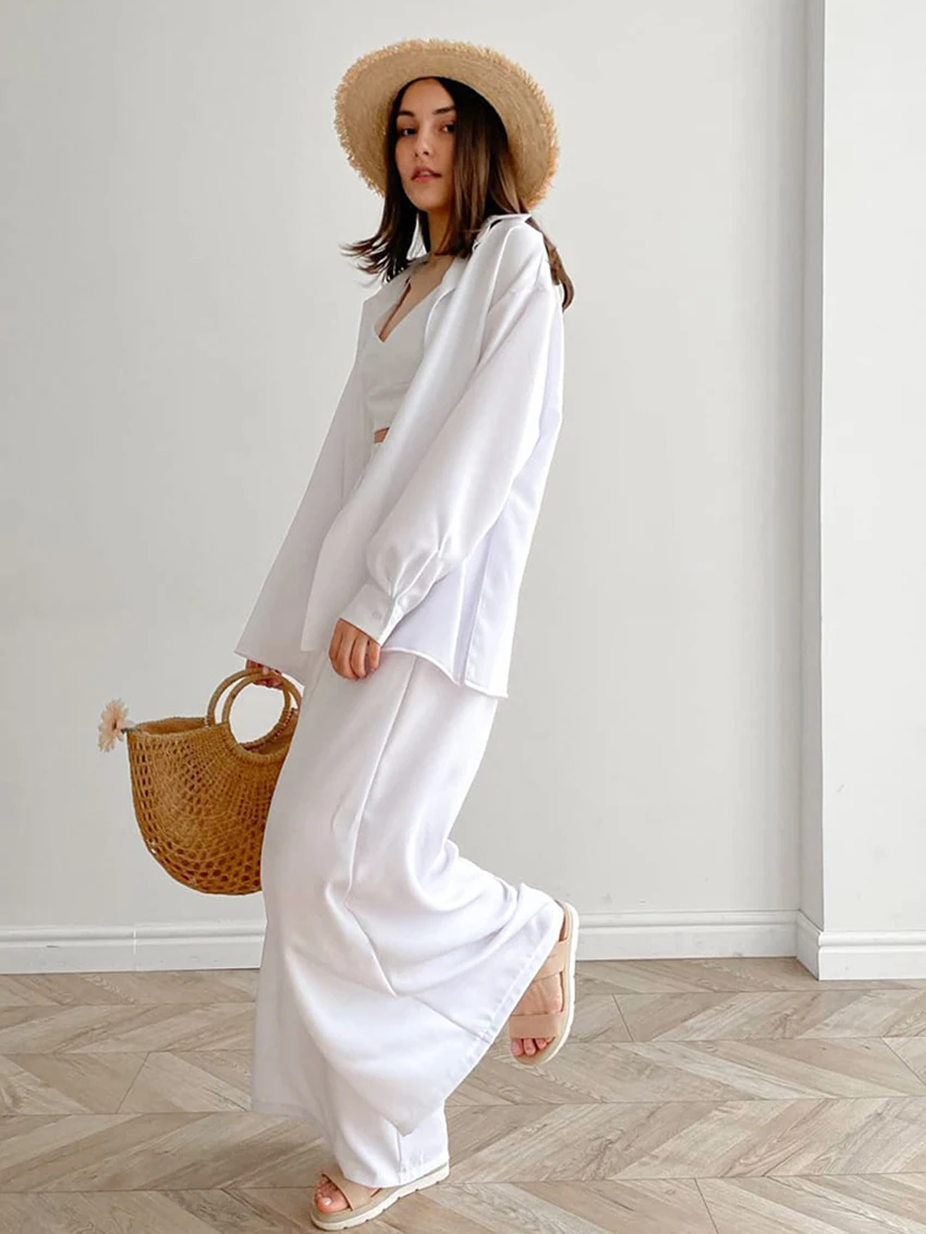 Marthaqiqi Long Sleeve Women Sleepwear 3 Piece Set Turn-Down Collar Pajamas Sexy Tank Tops Nightwear Wide Leg Pants Nightie Sets