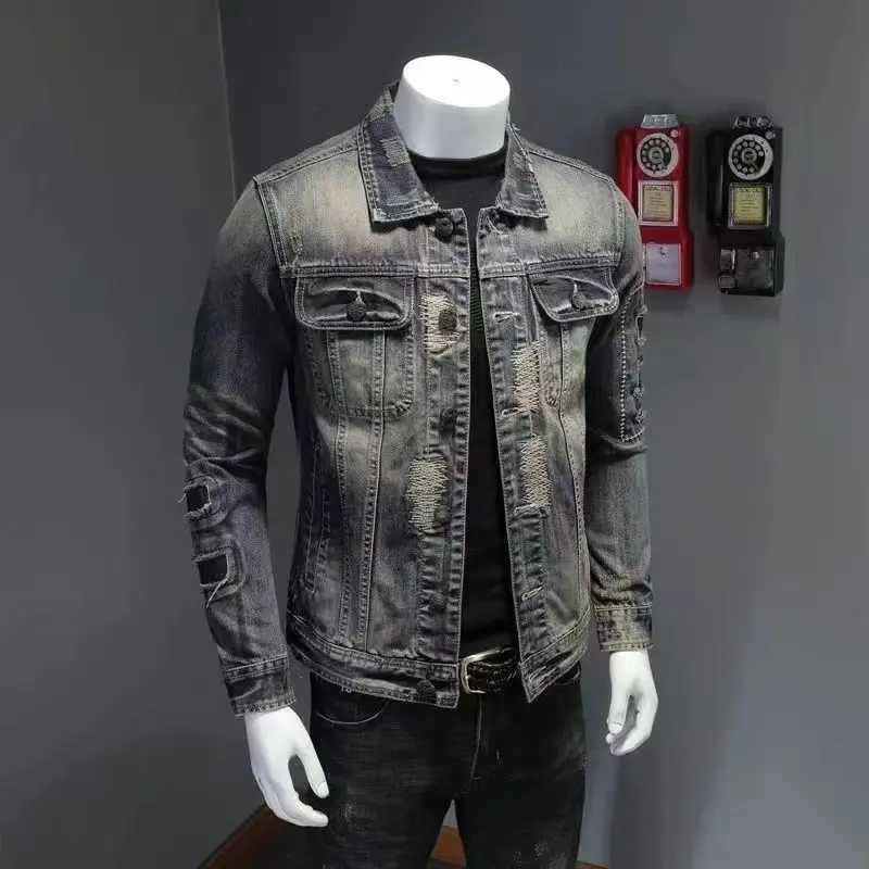 

Light Luxury Men’s Classic Style Denim Coat,Ripped Patchworks Decors Retro Jackets,Hard Wash Street Fashion Sexy Denim Jacket;