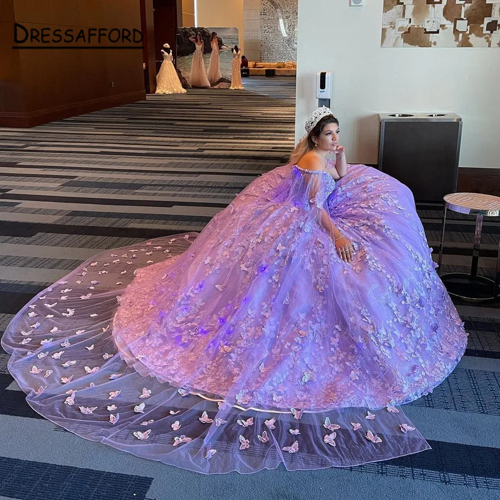 Lilac Sweet 16 Quinceanera Dress with Cape Off Shoulder Butterfly Appliques Princess Party Gown Vestidos De 15 A&ntilde;os