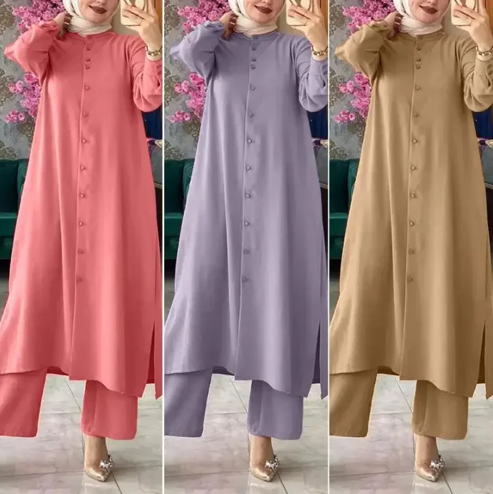 Modest long coat set for women with wide-leg pants suitable for Islam Ramadan Morocco Dubai Muslim 2-piece casual Arabic kimono clothing.